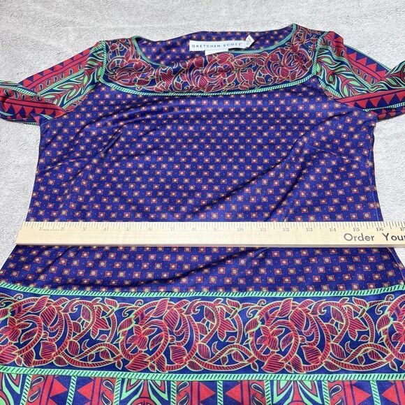 Gretchen Scott Dress Womens Small Mixed Pattern Sheath Blue Red Green 3/4 Sleeve - Picture 9 of 14